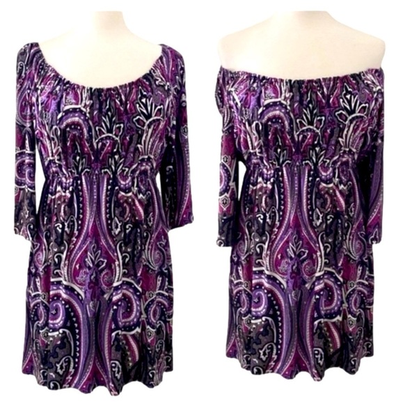 INC International Concepts Purple & White Paisley Empire Waist Dress Size Large - Picture 1 of 14